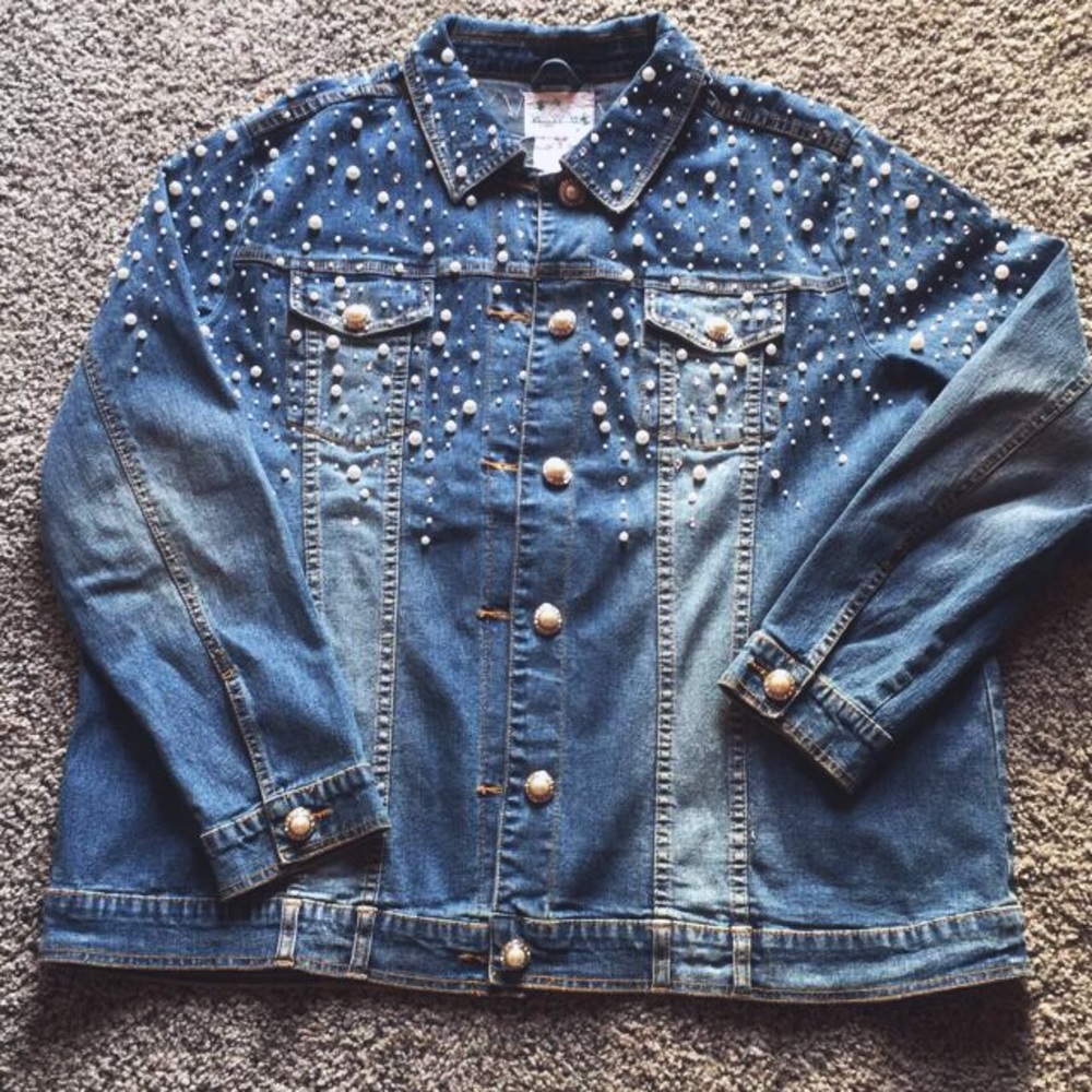 Oversized Pearl Embellished Denim Jacket